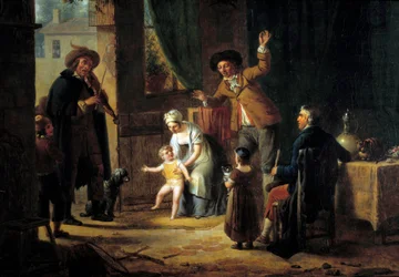 Den resande musikern En violinist spelar musik vid dörren till ett familjehus. Anonym målning. 1819 Paris, Dekorativ konst