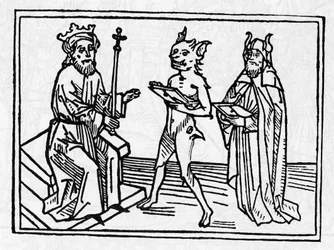 Rättegången mot Belial: "Demon Belial presenterar sina referenser till domare Solomon" "Gravering från "The trial of Belial"" av Jacobus de Teramo (eller Palladino), Ausburg