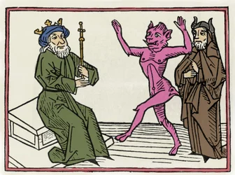 Rättegången mot Belial: ”Demonen Belial dansar inför domaren Salomo.” Gravyr ur Rättegången mot Belial av Jacobus de Teramo eller Palladino, Augsburg