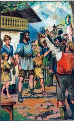 Hyllningen av konfederationen till Guillaume Tell (William Tell) (legendariska hjältar från schweizisk självständighet) Kromolitografi från det sena 1800-talet.