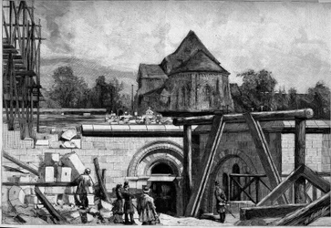 De underjordiska konstruktionerna av Sacre Coeur-kyrkan i Montmartre: den gamla kyrkan. Gravyr i "" Le Monde Illustré"" nr 1300 den 25 februari