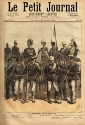 Den italienska arméns uniformer, till häst från vänster till höger: artilleriet, kavalleriofficeren, generalen, översten för Carabinieri, officeren för guiderna, 10:e lansregementet, den hundrade. Stående från vänster till höger: karabinjären