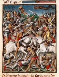 Den bysantinske kejsaren Heraclius (Herakleios (cirka 575-641) seger över sarrazins miniatyr i "" Le miroir historial"" (Speculum Historiale) (ms. 1196 fol. 65 v.) av Vincent de Beauvais (1190-1264) översatt till franska av Jean de Vignay