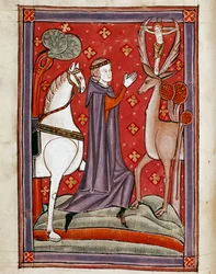 Synen av Saint Eustatius Saint Eustachius vänd mot ett rådjur som bär en bild av Kristus korsfäst mellan hans skogar. Miniatyr från ett 1200-talsmanuskript. Biblioteca Marciana, Venedig
