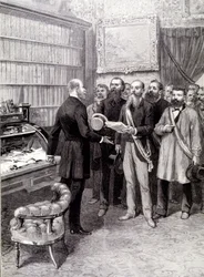 Arbetardelegaternas besök i Palais Bourbon (Jules Guesde, Ferroul, Baudin och Thivrier) hos ordförandeskapets generalsekreterare: Martin, under demonstrationen den 1 maj