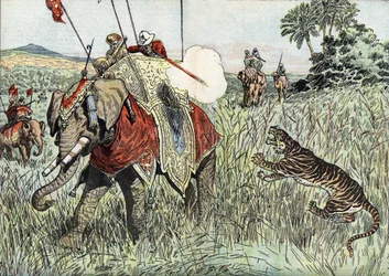 Prinsen av Wales (dåvarande Edvard VIII, dåvarande hertigen av Windsor) (1894-1972) resa till Brittiska Indien, här representerad under en tigerjakt" (Prins Edvard av Wales under en tigerjakt i Brittiska Indien