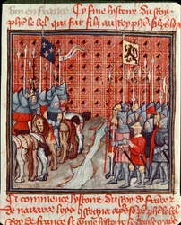 Filip IV the Bels (1268-1314) vapen på stranden av en flod möter en fiende miniatyrarmé från "" Les grandes chronicles de France"" Chantilly från 1300-talet, Musee Conde