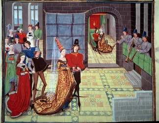 Renauds och Clarisses bröllop, i bakgrunden på bröllopsnatten. Miniatyr från manuskriptet "Renaud de Montauban" eller "Les quatre fils Aymon" av Loyset Liedet (aktiv mellan 1448 och 1478). Ms. 5073. 1400-talets Bibliotheque de l