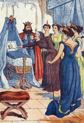Den onda avgiften förutspår att prinsessan kommer att sticka hål i hennes hand. Illustration till "La belle au bois dormant", berättelse av Charles Perrault (1628-1703), fransk författare. Illustration anonym. Bildspråk Marcel Vagne, Jarville Nancy, odater