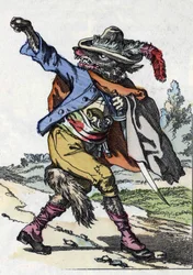 Vargen. Illustration av berättelsen "Compere le Loup, Maitre Renard, Comere la Chevre et ses petits biquets"" efter en fabel av Jean de la Fontaine. I "" Sagor från hemmet för de minsta"". Anonym gravyr från 1800-talet.