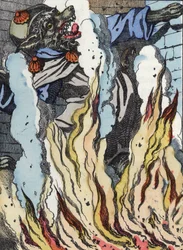 Vargen faller in i skorstenens eld. Illustration av berättelsen "Compere le Loup, Maitre Renard, Comere la Chevre et ses petits biquets"" efter en fabel av Jean de la Fontaine. I "" Sagor från hemmet för de minsta"". Anonym gravyr av th