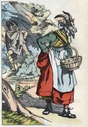 Vargen letar efter geten som lämnar sitt hem. Illustration av berättelsen "Compere le Loup, Maitre Renard, Comere la Chevre et ses petits biquets"" efter en fabel av Jean de la Fontaine. I "" Sagor från hemmet för de minsta"". Anonym gravyr