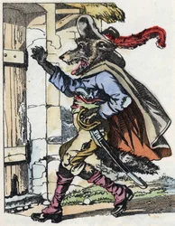 Vargen knackar på dörren till bikethuset. Illustration av berättelsen "Compere le Loup, Maitre Renard, Comere la Chevre et ses petits biquets"" efter en fabel av Jean de la Fontaine. I "" Sagor från hemmet för de minsta"". Anonym gravyr o