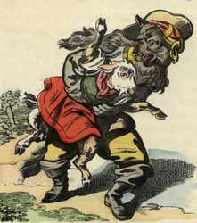 Vargen flyr iväg med en liten unge. Illustration av berättelsen "Bon medor och lilla Chevrette". I "" Sagor från hemmet för de minsta"". Anonym gravyr från 1800-talet.