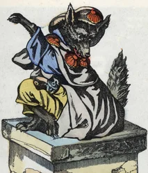 Vargen sitter på skorstenen. Illustration av berättelsen "Compere le Loup, Maitre Renard, Comere la Chevre et ses petits biquets"" efter en fabel av Jean de la Fontaine. I "" Sagor från hemmet för de minsta"". Anonym gravyr från 1800-talet.