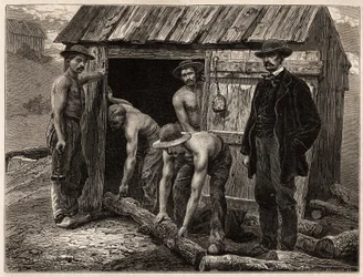Montchanins träarbetare kastade dem i brunnen; i kostym övervakar gruvans chefsingenjör manövrarna. Gravyr för att illustrera en resa till Creusot och gruvorna i Saone och Loire, 1865, av L. Simonin, i "" Le