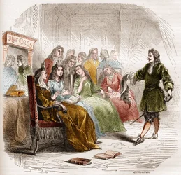 Författaren Georges de Scudery (1598-1667) under en litterär salong anordnad av hans syster, Madeleine de Scudery, 1650. Gravyr från 1860-1861.