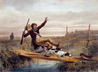 Fel steg. En jägare faller från en liten bro, knuffas av hundar som springer en hare. Gravyr av 1800-talet. Gien, Jaktmuseum