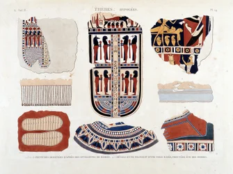 Thebe, Hypogees: 1.2.3.6.7.8. målningar från mumiekuvert 4.5. Detaljer om en lugg och en randig duk, hittade på mumier - i "" Beskrivning av Egypten"" 1809, Antiquite vol 2 pl 112