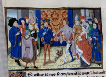 Thibaut III av Champagne (1179-1201), Ludvig (död 1205), greve av Blois och Chartres, och Baudouin IX av Flandern (eller Baudouin VI av Hainaut), känd som Baudouin I av Konstantinopel (1171-1206), möts. Miniatyr i "" Chronicle du temps de Herode Antipas"""