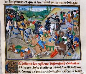 Tredje korståget: "Hur de kristna bekräftar Saladin"" Saladin (1138-1193) (Salah al Din Yusuf al-Ayyubi (al Ayyubi) besegrades av korstågen omkring 1191. Miniatyr från "" Chronicle abregee"" av David Aubert
