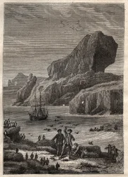 Tredje resan (1776-1779) av kapten James Cook (1728-1779): öarna Kerguelen (Kerguelens skärgård, Antarktis) - illustration hämtad från "" The Great Mariners of the 18th century""