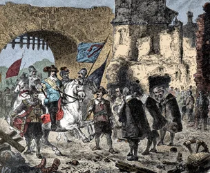 Trettio år gammal: General Bernard av Sachsen Weimar (Sachsen-Weimar) (1604-1639) mellan segrande vid Breisach (Tyskland) - Bernhard av Weimar inresa Breisach -