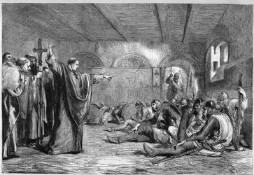 Thomas Beckets död, 29 december 1170: ärkebiskopen av Canterbury, Sankt Thomas av Canterbury (1117-1170), möter i sina gemak sina mördare, riddarna William of Tracy, Richard the Breton, Reginald Fitzurse, Hugues of Morville, anhängare till kung Henrik II.