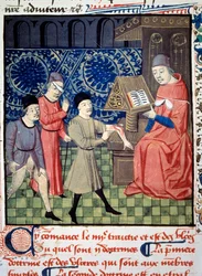 Tre patienter med sår i armen, ögat och kön framför läkaren. Miniatyr från "" Kirurgi" (Folio 66) skriven av Guy de Chauliac (1290? 1368). 1400-talsmanuskript. BN, Paris