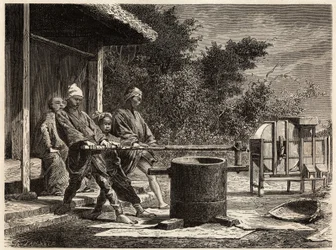 Tre bönder som driver riskvarnen. Gravyr för att illustrera resan till Japan 1863-1864, av Aime Humbert, minister för Schweiziska edsförbundet, i "Le tour du monde, nouveau journal des voyages", publicerad under ledning av Edouard Charton
