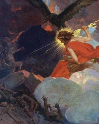 Titanomachia: framställning av Zeus som segrar över titaner (Titanomachia eller Titanomachy: Zeus och olympierna segrar över titanerna) Gravyr ur "Mina vackra mytologiska berättelser" av HS Bres, början av 1900-talet, privat samling