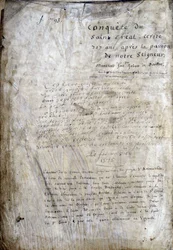 Titelsidan för ett manuskript: Erövringen av Saint Gréal, skriven 717 år efter vår herres passion. Bibliotheque Municipale de Rennes, ms. 255 (Samling av romaner av det runda bordet); Paris