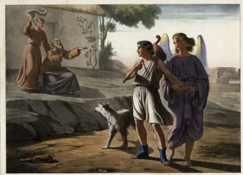 Tobies avgång åtföljd av ängeln (hans föräldrar hälsar honom, inklusive Tobit, hans far). Anonym gravyr från mitten av 1800-talet.