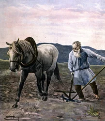 Tolstoj plöjer. Gravyr sent 1800-tal.