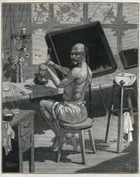 Tong oljelacker i Kina. Gravyr från 1885 i "" Les arts et metiers illustres"" av Adolphe BITARD.
