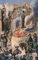 Tortyr av Michel Servet i Genève (Michael Servetus) (Michel de Villeneuve), spansk läkare och teolog (1511-1553) - Tortyren av Michel Servet (Miguel Serveto) (1511-1553) i Genève, spansk läkare och teolog, gravyr