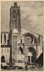 Toulouse-katedralen - Cathedrale Saint-Etienne de Toulouse - (Saint Etienne) gravyr i "" PATRIE" - PECTUREQUIREQUE BESKRIVNING AV FRANKRIKE I 6 VOLYER AV LUCIEN HUARD - slutet av 1800-talet