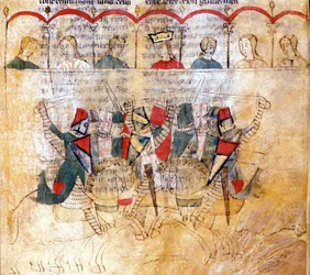 Tornerspelsscen efter handskriften ”Lancelot du Lac”, 1200-talet. Biblioteca Nazionale Marciana, Venedig.