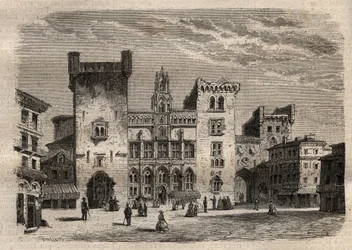 Rådhuset i Narbonne - Languedoc-Roussillon-Midi-Pyrénées - Frankrike - gravyr i "Dictionnaire populaire illustrious" - 1864 - av Joseph Decembre och Edmond Allonier -