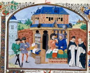 Handel: en handelsbutik. Miniatyr från manuskriptet "" Commentary on Ethics"" av den grekiske filosofen Aristoteles (383-322 f.Kr.) översatt av Nicolas Oresme (1325-1382)