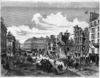 Förvandlingar av Paris under det andra imperiet, Paris Haussmann (Boulevard, Haussmann verk): rivning av Rue de la Paix för öppnandet av Rue Reaumur. Gravyr i "" The Illustrious Universe""