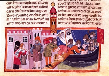 Transport av varor och livsmedel på inre vattenvägar. Miniatyr från en fransk kodex på pergament "" The Facts of Romans"" som berättar forntida historia fram till Jules Cesar (101 f.Kr.-44 f.Kr.). 1200-talets Venedig, biblioteca Marciana