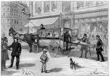 Transport av en skadad person i en bil från Paris Ambulances. Gravyr i "" Nature. Granskning av vetenskap och dess tillämpningar på konst och industri.