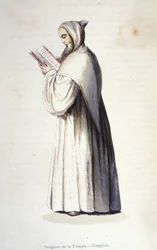 Trappistmunk, Citeaux-orden som observerar det reformerade styret av Trappe som instiftades 1664 av Rancé. Gravyr av 1800-talet.