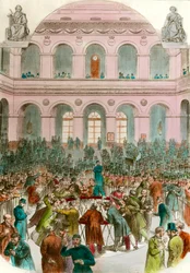 Skräp av bytesagenter vid Bourse de Paris Gravyr 1856 Privat samling