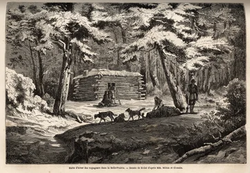 Resenärs vinterstuga på den vackra ängen (Kanada), tillflyktsort för fångare och deras pulka. Gravyr för att illustrera resan från Atlanten till Stilla havet (route du nord ouest par les terres), 1862-1864 av Viscount Milton och Doctor Cheadle, i