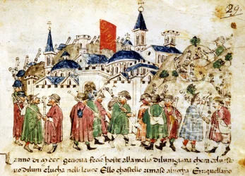 Resande pilgrimer anländer till Rom. 1300-talet. Sercambis krönikor. Lucca, Nationalarkivet