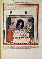 Behandla en läkare: "" rött vin, grupp män i en krog som dricker vin"" Sidan hämtad från "" Tacuinum sanitatis"" (Cod. ser. nov. 2644) Omkring 1400 Wien, Osterreischische Nationalbibliothek