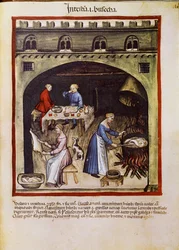 Behandla ett läkemedel: ""koka tarmar och tarmar hos djur""". Sidan hämtad från "" Tacuinum sanitatis"" (Cod. ser. nov. 2644) Runt 1400 Wien, Osterreichische Nationalbibliothek