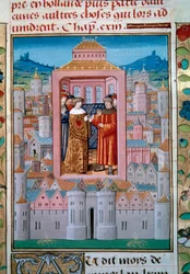 Konflansfördraget den 5/10/1465 mellan kung Ludvig XI och Charles de Charolais (senare Charles the Temeraire avslutade adelsupproret eller League of Public Good. Miniatyr från "Les chronicles de Monstrelet" av Enguerrand de Monstrelet (1400-1453) 1400-tale